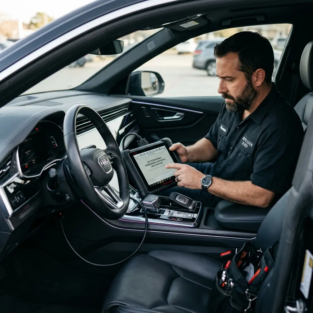 Monteur programmeert autosleutel met laptop