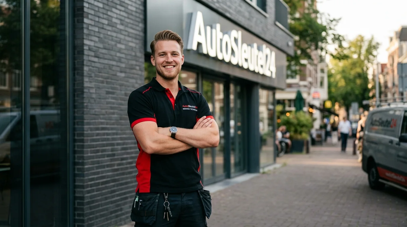 Autosleutelspecialist van Autosleutel24 in bedrijfskleding op locatie, met servicebus op de achtergrond