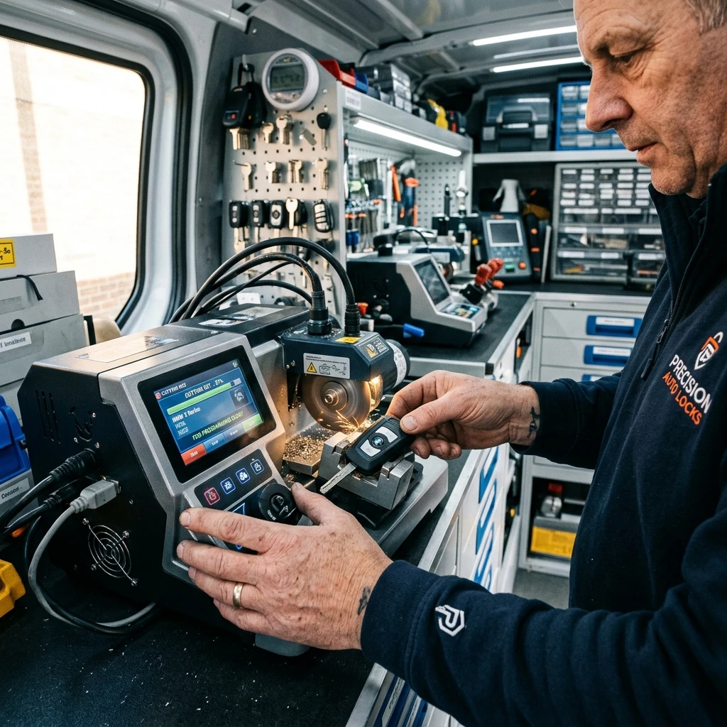 Professionele autosleutelmaker in Utrecht bezig met het programmeren en frezen van een nieuwe transpondersleutel in een mobiele servicebus