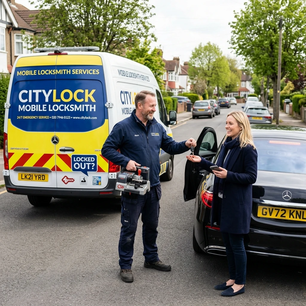 Opgeluchte bestuurder krijgt een nieuwe autosleutel van een mobiele slotenmaker na het kwijtraken van alle sleutels
