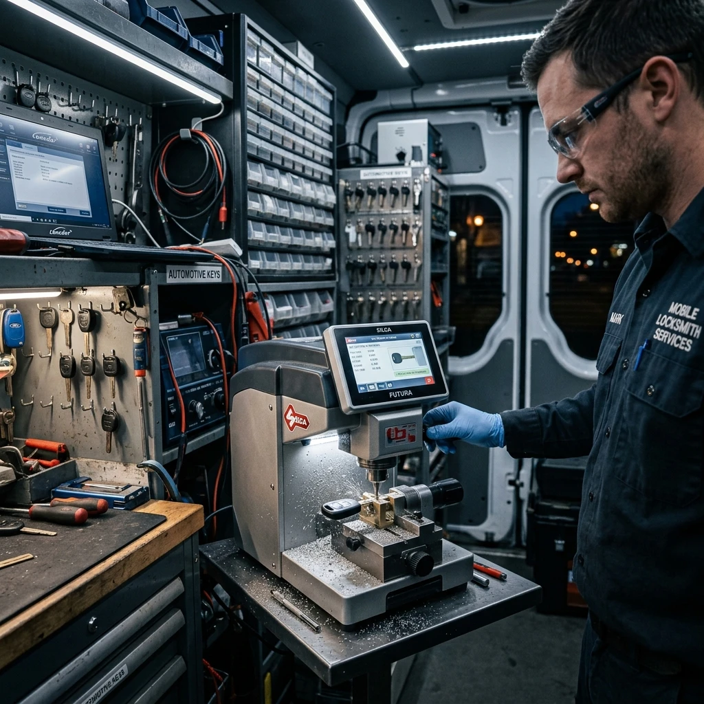 Geavanceerde CNC sleutelfreesmachine in actie in een mobiele slotenmaker servicebus voor het frezen van een nieuwe autosleutel