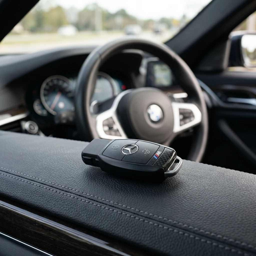 Moderne keyless entry smart key geprogrammeerd voor een premium auto op het dashboard, mobiele service Utrecht