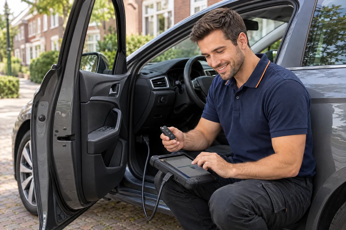 Monteur leert een nieuwe autosleutel in bij de auto